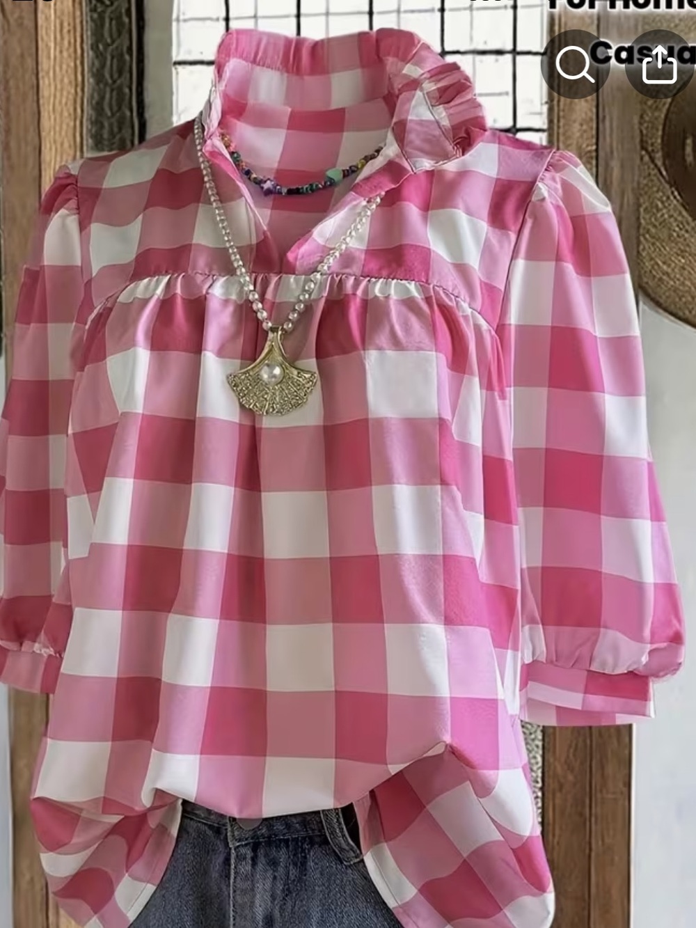 Pink and White Gingham Blouse - Casual Half-Sleeve XL